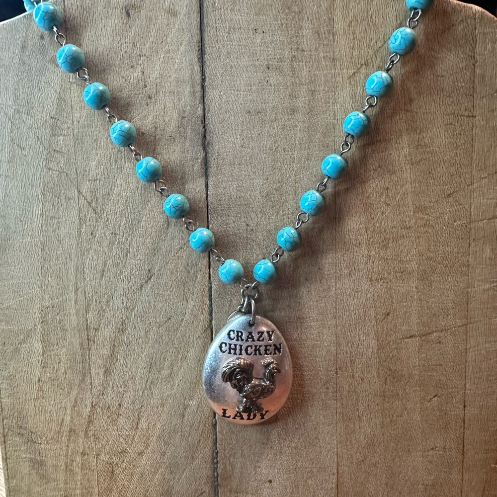 Turquoise Beaded Necklace with Silver Pendant - 15” Long